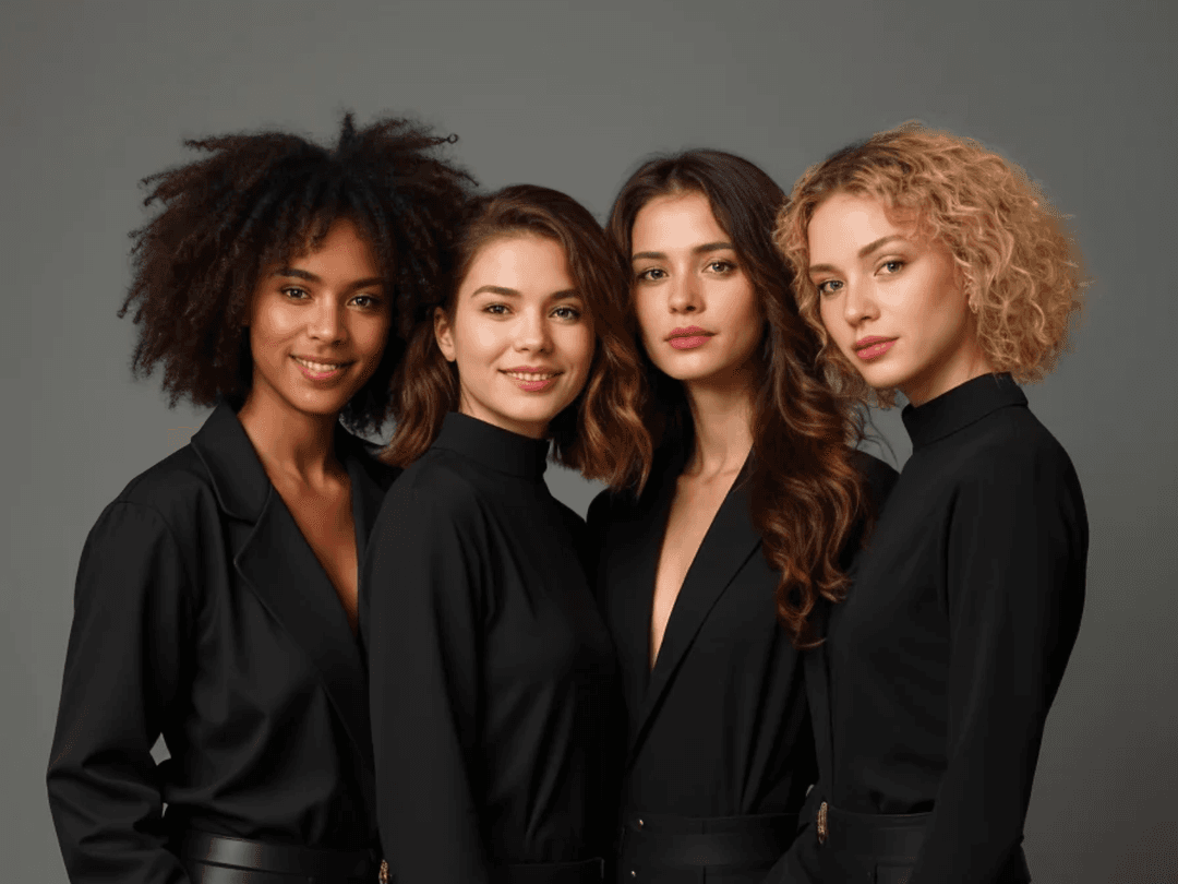 Quatre femmes aux textures de cheveux différentes : crépus volumineux, carré ondulé, longs ondulés bruns et boucles blondes