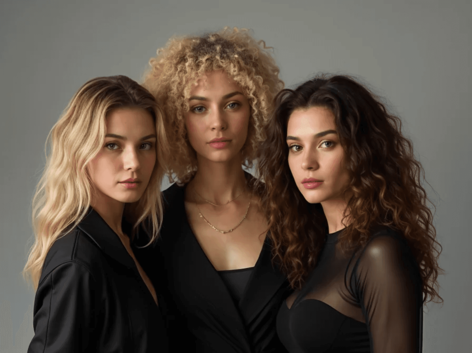 Trois femmes aux textures différentes : cheveux ondulés blonds, frisés blonds et bouclés bruns