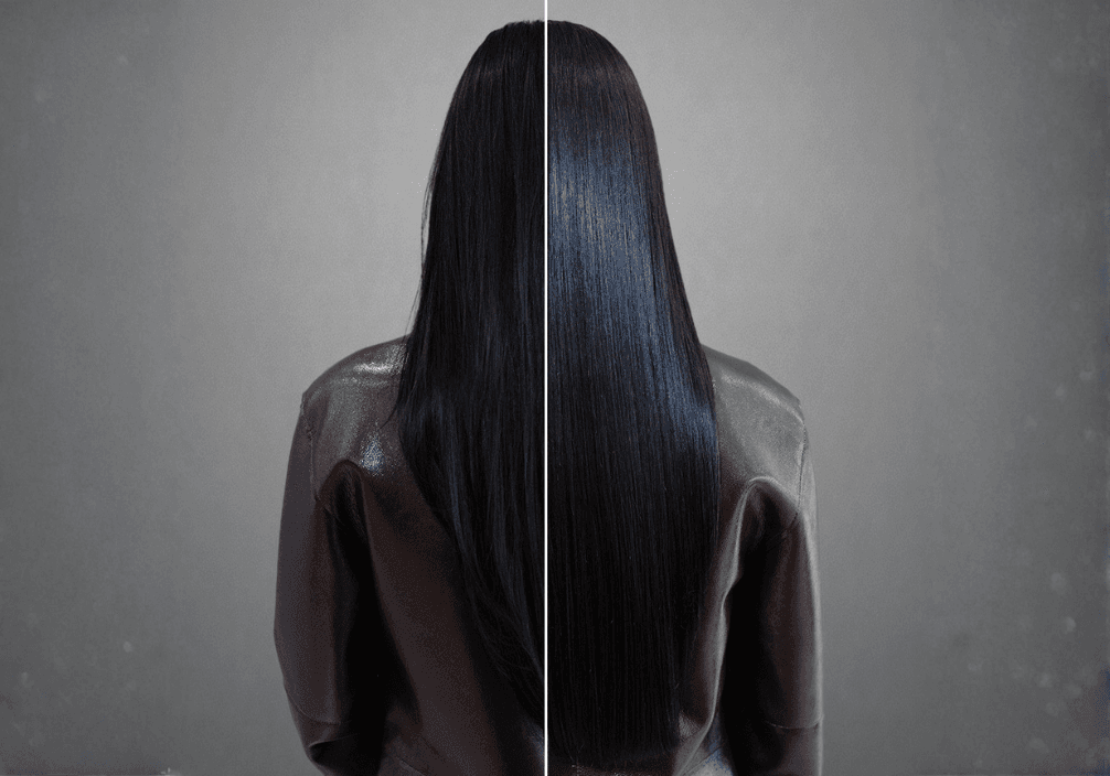 Soin Botox capillaire Jean Louis David sur cheveux longs et lisses, effet brillance intense et fibre capillaire réparée. Soin Botox capillaire Jean Louis David sur cheveux longs et lisses, effet brillance intense et fibre capillaire réparée. Comparaison "avant-après" d'une chevelure noire vue de dos. À gauche, les cheveux sont lisses mais d'aspect naturel ; à droite, après traitement, ils affichent une brillance intense "effet miroir" et une texture parfaitement soyeuse. La personne porte une veste en cuir marron sur un fond gris